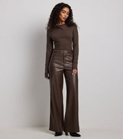 NA-KD Dark Brown Leather-Look Wide Leg Trousers